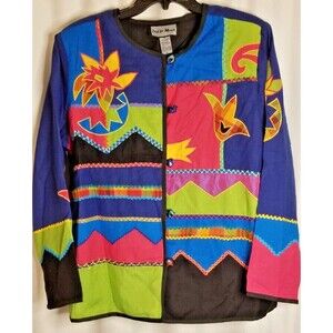 Women's Vintage Funky Blazer Indigo Moon Arsty Unique Buttons Vibrant Size Large